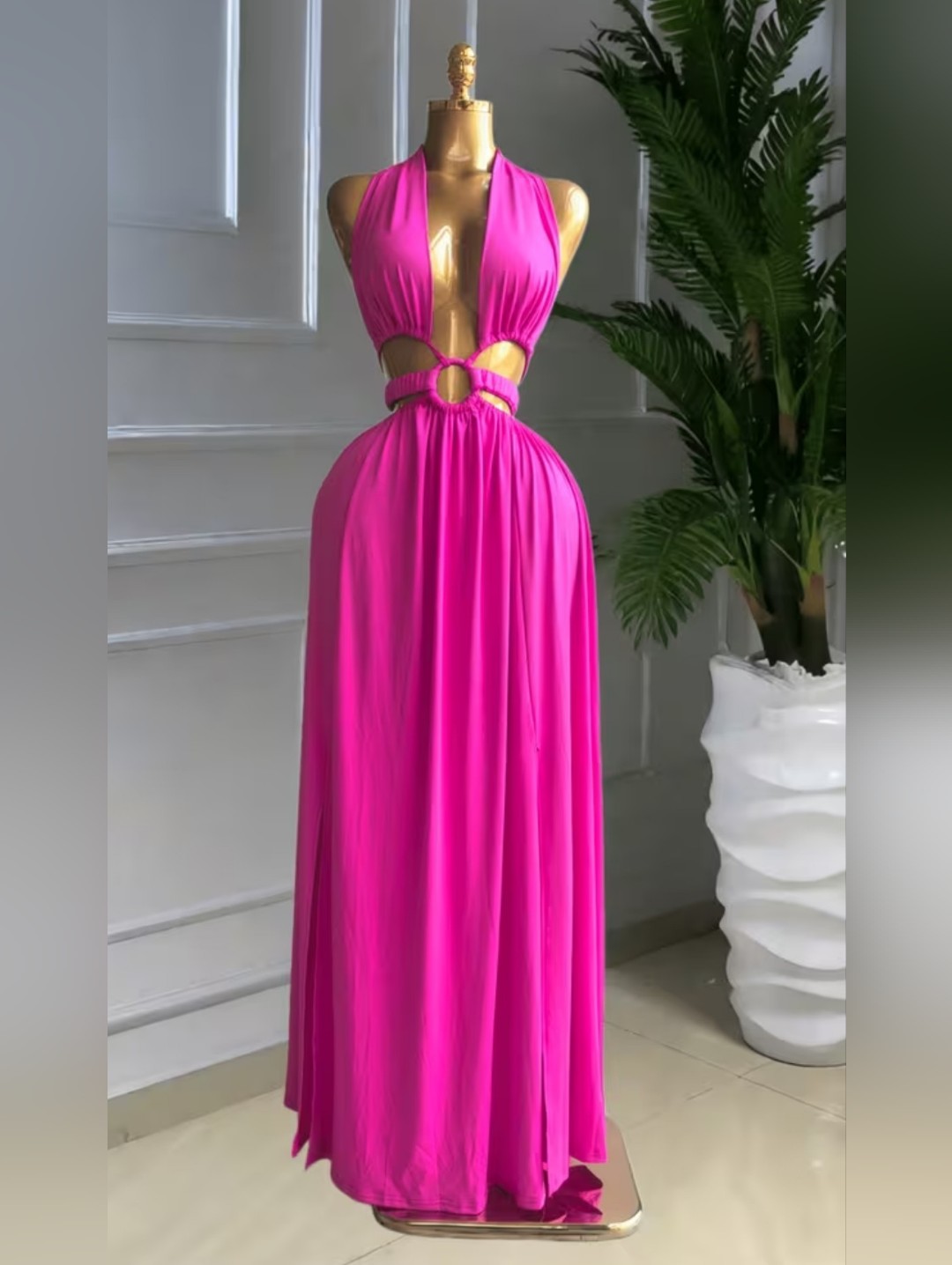Hot Pink Halter Cutout Maxi Dress With Ring Detail